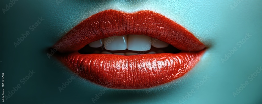 Close-up of Vibrantly Red Lips with Greenish Hue on Skin and Detailed Texture Highlighting Lip Gloss and Subtle Teeth Exposure Close-up of Vibrantly Red Lips with Greenish Hue on Skin and Detailed Texture Highlighting Lip Gloss and Subtle Teeth Exposure