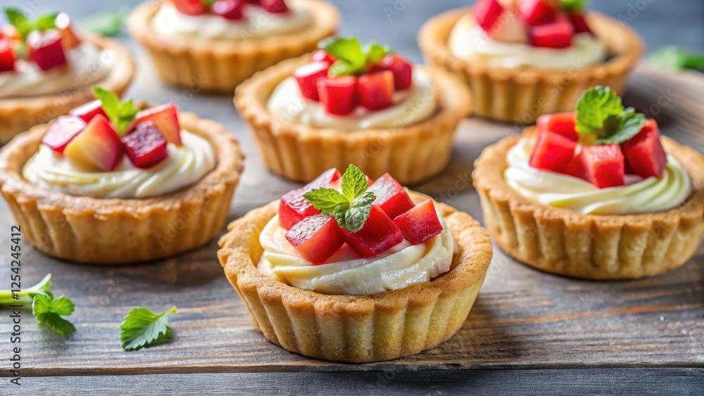 Bite-sized pastry tartlets filled with creamy curd and topped with a sweet-tart rhubarb mixture Bite-sized pastry tartlets filled with creamy curd and topped with a sweet-tart rhubarb mixture
