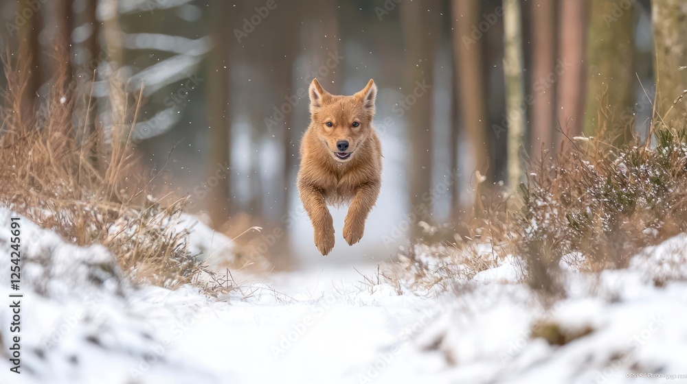 Dog Jumping In Snowy Forest Path Dog Jumping In Snowy Forest Path