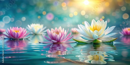 Fototapeta Naklejka Na Ścianę i Meble -  Colorful water lily flowers floating on a serene and peaceful abstract spring background with soft pastel hues and gentle ripples in the water, floral, serene