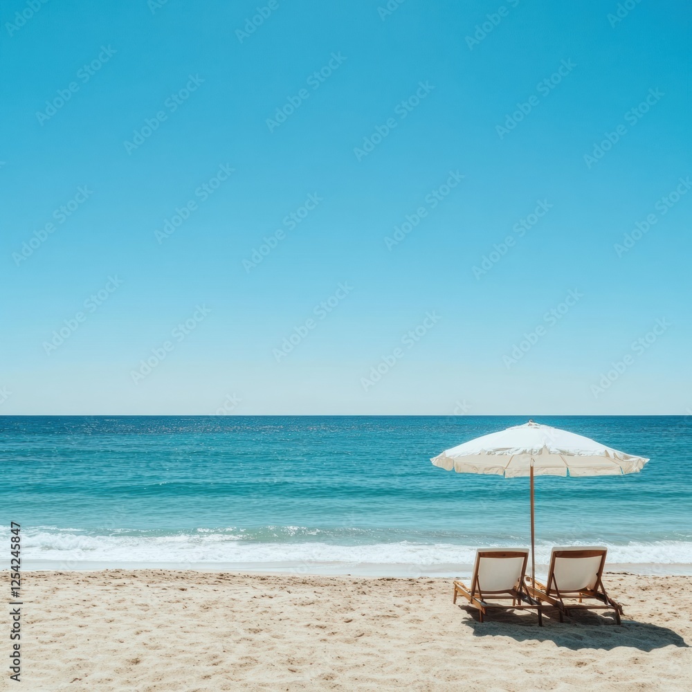 Relaxing beach getaway with a lounge chair and umbrella by calm ocean waves under a bright blue sky. Generative AI Relaxing beach getaway with a lounge chair and umbrella by calm ocean waves under a bright blue sky. Generative AI