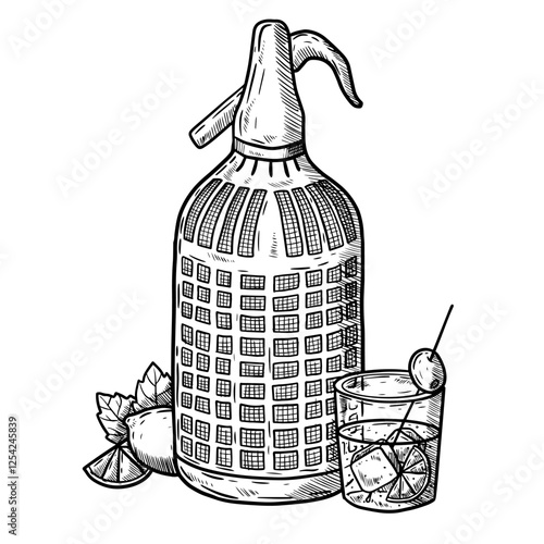 Vector hand drawn illustration of soda, vermouth, Spanish drink, restaurant, cocktail, siphon