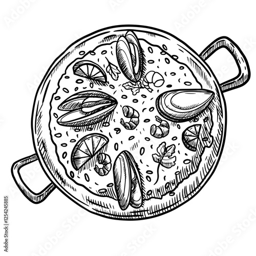 Hand draw vector Illustration of paella spanish food with mussels and shrimp