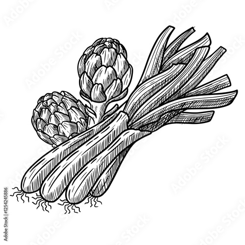 Vector hand drawn illustration of calcots, chives, typical Catalan food, Spanish food, with artichokes