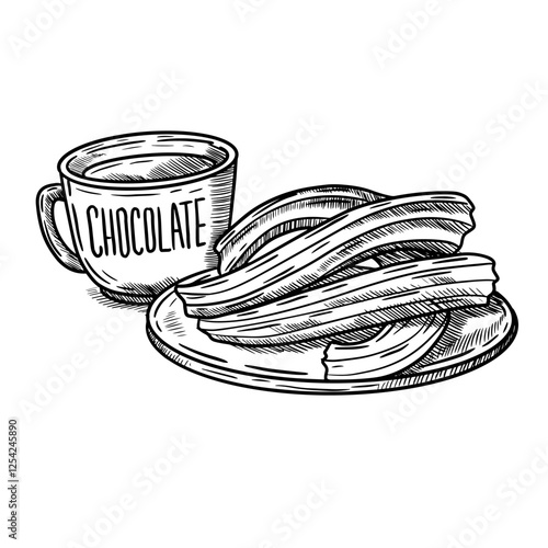 Vector hand drawn illustration of churros with hot chocolate