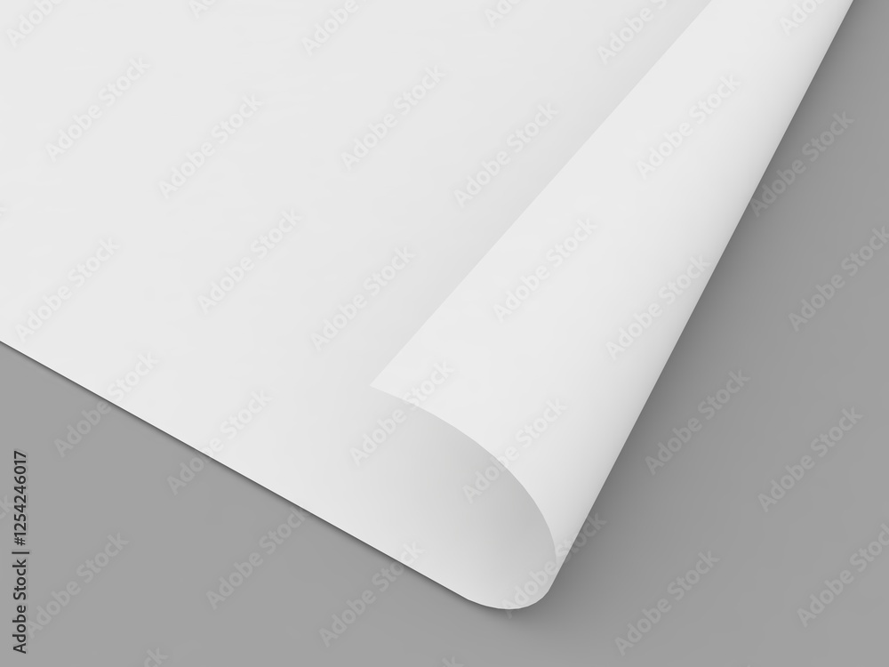A blank sheet of white paper is curled at the edge and lies on a smooth gray surface. This setting suggests an environment for writing, drawing, or printing. A blank sheet of white paper is curled at the edge and lies on a smooth gray surface. This setting suggests an environment for writing, drawing, or printing.