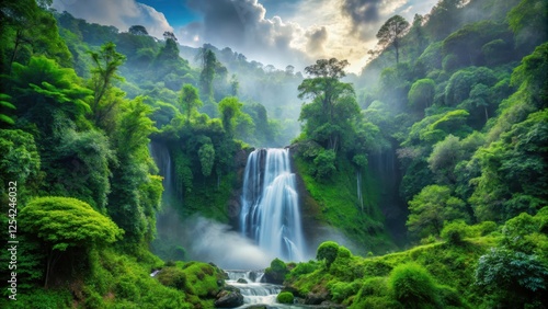 A stunning waterfall cascades majestically through a dense forest of towering trees and vibrant green foliage, surrounded by misty clouds and lush vegetation , serene landscape, outdoors