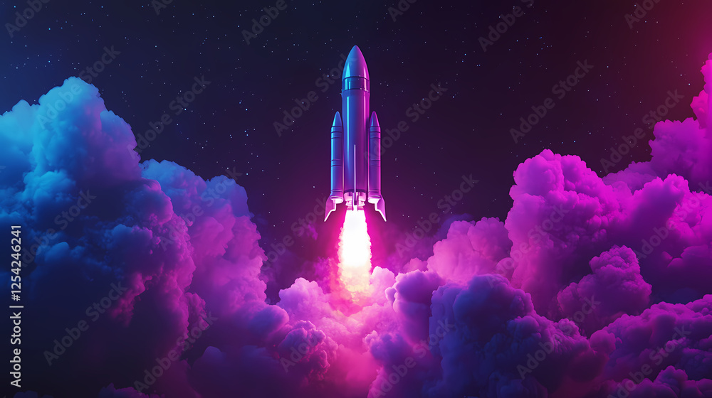 Obraz premium Rocket Launch in Night Sky with Sci-Fi Vibes