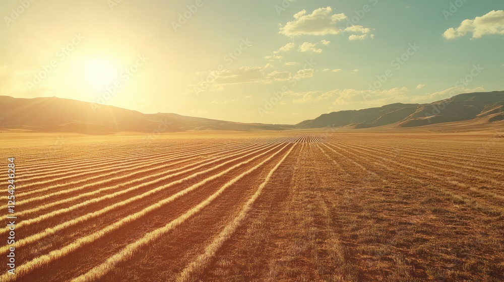 Sunset over a vast, flat agricultural field with rows of crops. Sunset over a vast, flat agricultural field with rows of crops.