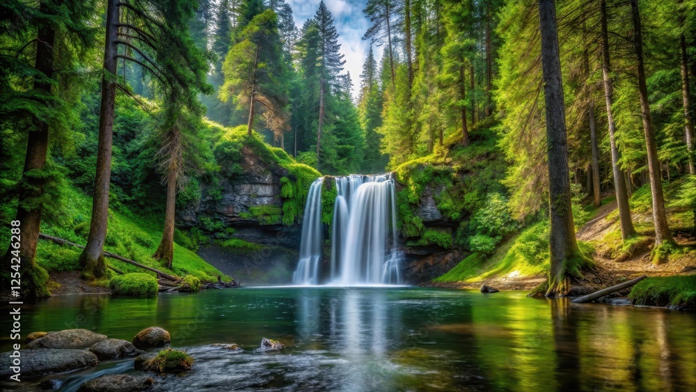 waterfall in isolated forest surrounded by tall trees waterfall in isolated forest surrounded by tall trees