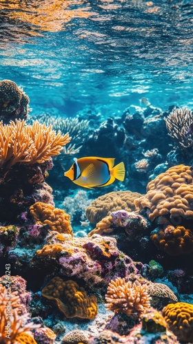 Wallpaper Mural A vibrant reef fish gracefully rests near intricate coral formations in crystal-clear waters Torontodigital.ca