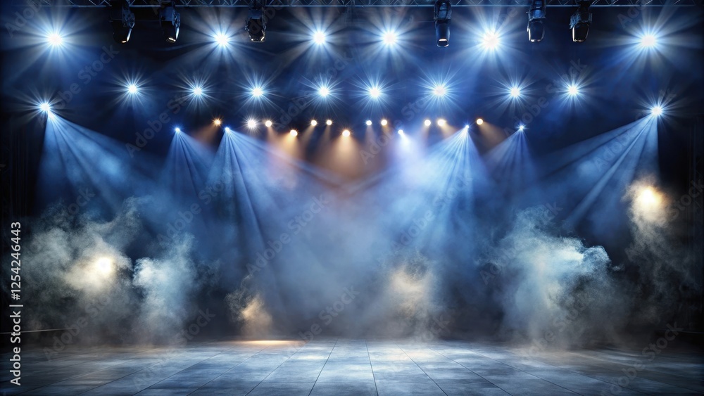 Fototapeta premium Darkened dance stage with swirling smoke and strobe lights