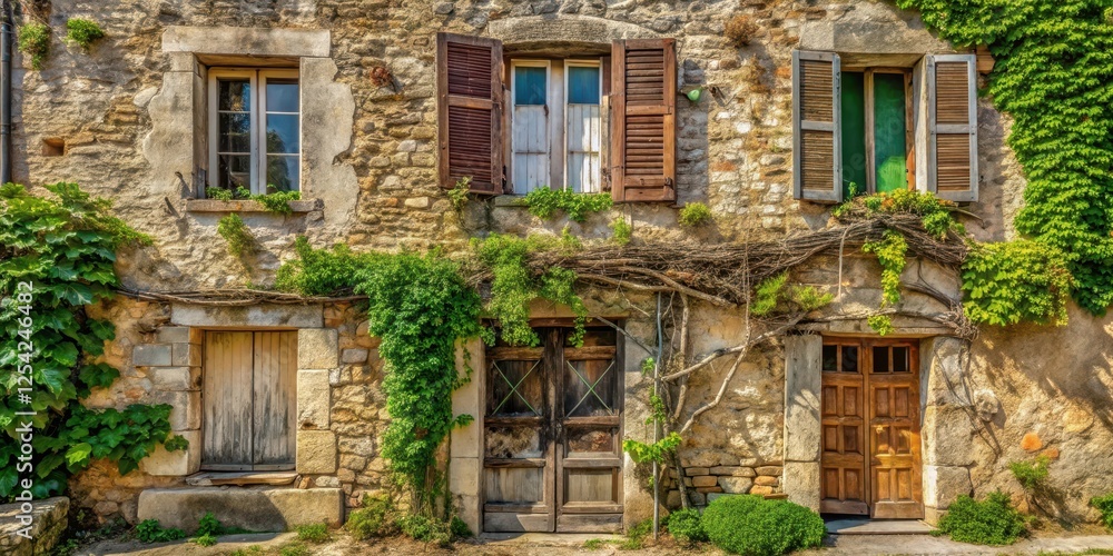 weathered stone fa?ade of old house with overgrown vines and broken shutters, old architecture, renovation needed weathered stone fa?ade of old house with overgrown vines and broken shutters, old architecture, renovation needed