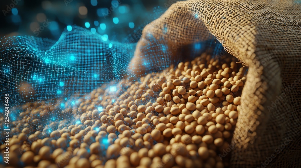 Soybean grains cascading into a burlap sack, illuminated by holographic graphics depicting yield statistics, futuristic-agricultural style, soft glow, digital artistry Soybean grains cascading into a burlap sack, illuminated by holographic graphics depicting yield statistics, futuristic-agricultural style, soft glow, digital artistry