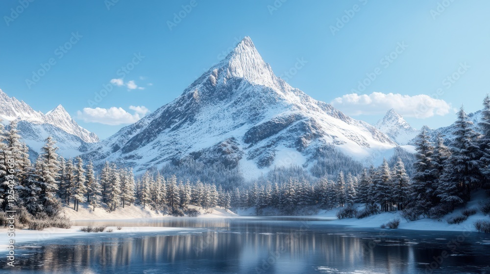 Snowy mountain peak reflected in a frozen lake. Snowy mountain peak reflected in a frozen lake.
