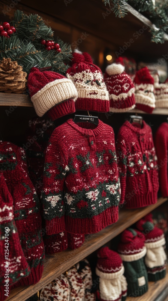 Fototapeta premium A charming display of festive red and white knitted sweaters and hats adorned with Christmas patterns, showcased on shelves, embodying the holiday spirit and warmth.
