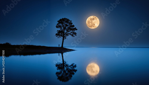 Moonlit river flowing through a serene landscape, Full moon reflection, Worm moon