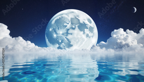 Moonlit cave with tranquil water reflection, Full moon reflection, Worm moon