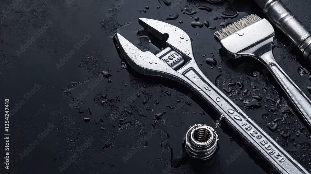 Fototapeta premium A set of tools, including a wrench, next to a drain pipe that is being cleaned in a kitchen setting.