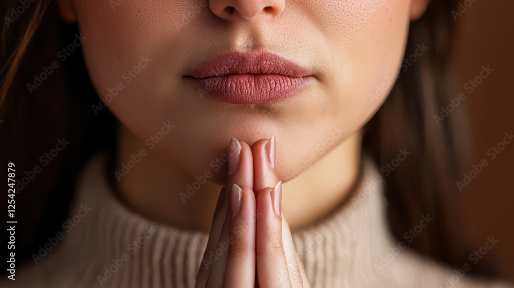 Fototapeta premium Quitting smoking according to the concept of drug addiction treatment. close up of woman with trembling lips, whispering prayer in contemplation