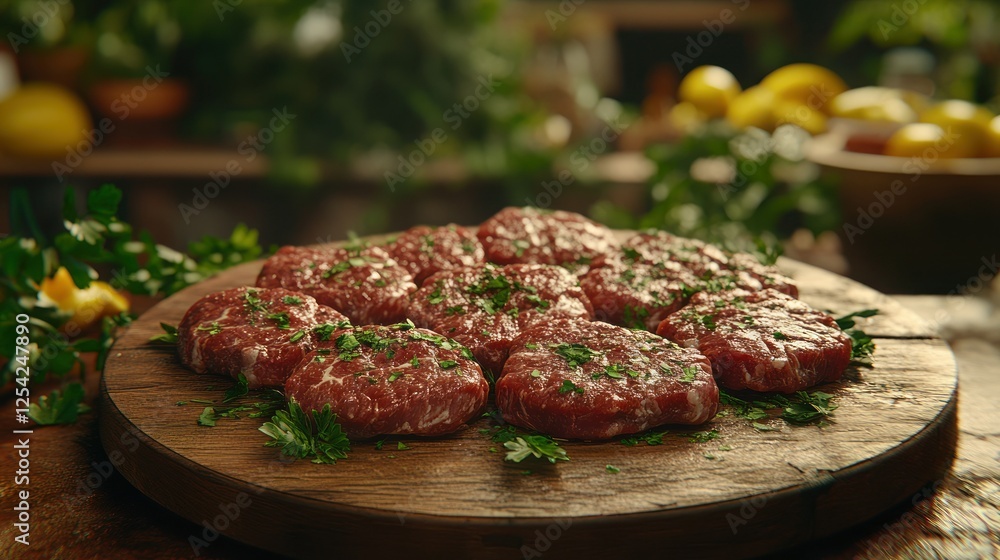 Raw beef patties on wooden board in kitchen Raw beef patties on wooden board in kitchen