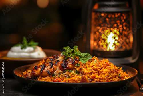 A dimly lit table featuring kabsa rice with grilled chicken, labneh, and mint tea, with a lantern in the background. Arabian food