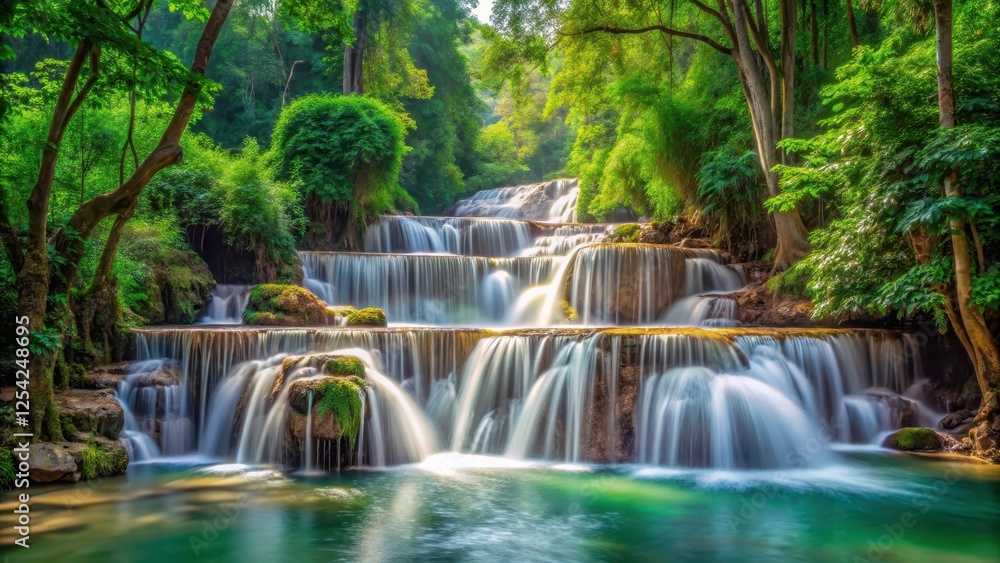 Fototapeta premium Beautiful cascading waterfall surrounded by lush greenery in Pak Khlong, scenery, outdoors, scenery, outdoors, stream