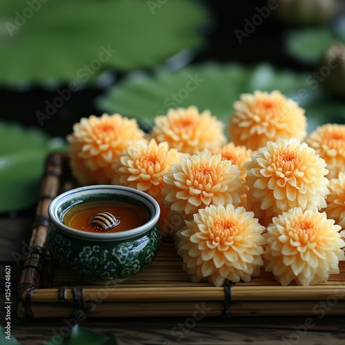 Exquisite Thai Dessert Luk Chup on Bamboo Tray with Artistic Presentation, Showcasing Edible Flowers and Traditional Asian Pastry with Green and Amber Colors photo