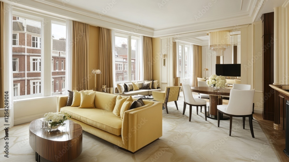 Fototapeta premium A spacious open-plan living room and dining area with light yellow sofas, a contemporary wooden table, and white dining chairs arranged harmoniously.