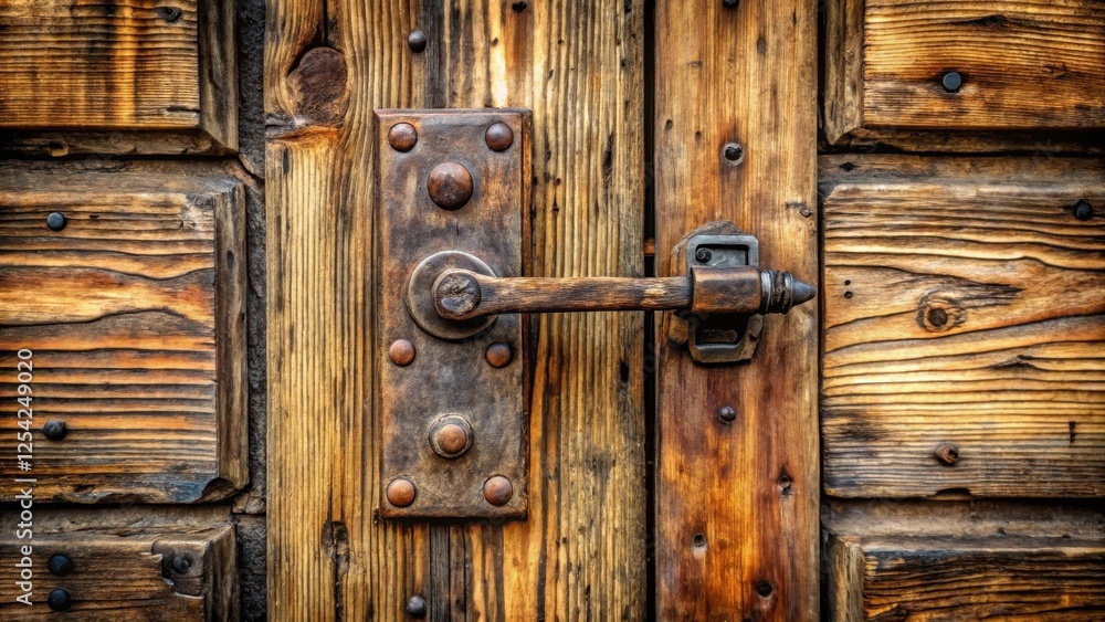 Fototapeta premium Aged wooden door with old metal hinges and a worn-out doorknob , old door, aged metal