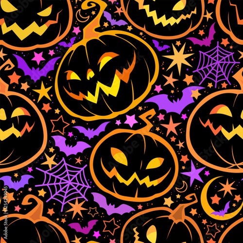 Seamless Halloween pattern with smiling evil pumpkins