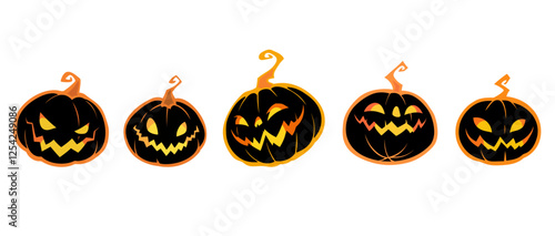 Five halloween stylized smiling pumpkins on white background