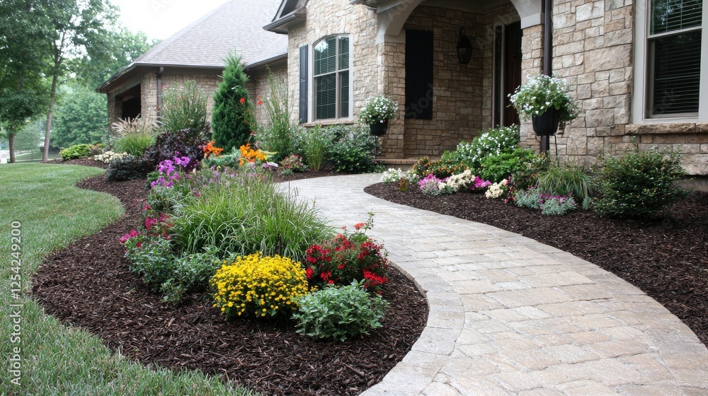 Obraz premium Exterior home landscape with curved walkway