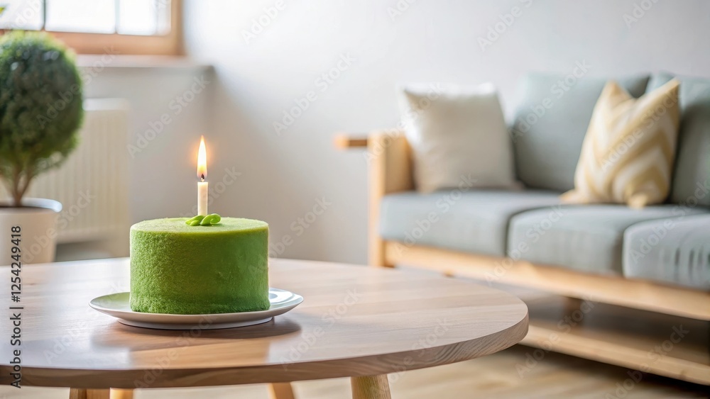 A small green cake with a single candle sitting on a minimalist wooden table in a cozy living room, cozy living room, minimalist decor A small green cake with a single candle sitting on a minimalist wooden table in a cozy living room, cozy living room, minimalist decor