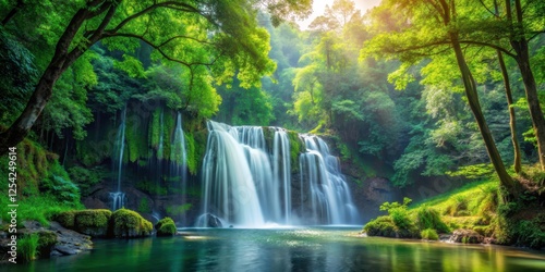 A serene waterfall cascading through a lush forest with towering trees and vibrant greenery surrounding it