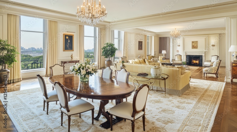 Fototapeta premium A welcoming open-plan living and dining space with light yellow sofas, a wooden dining table, and white chairs surrounded by simple, stylish decor.