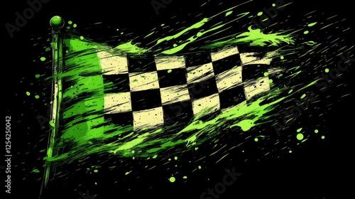 A stylized racing flag with a green splash effect, symbolizing speed and competition.