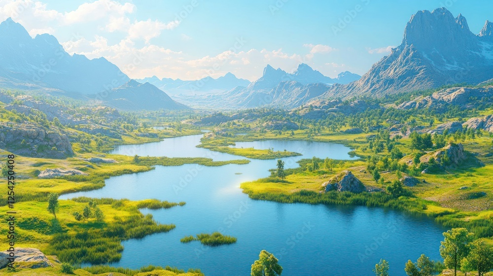 Fototapeta premium Scenic mountain lake valley, vibrant landscape, serene beauty, perfect for wallpaper