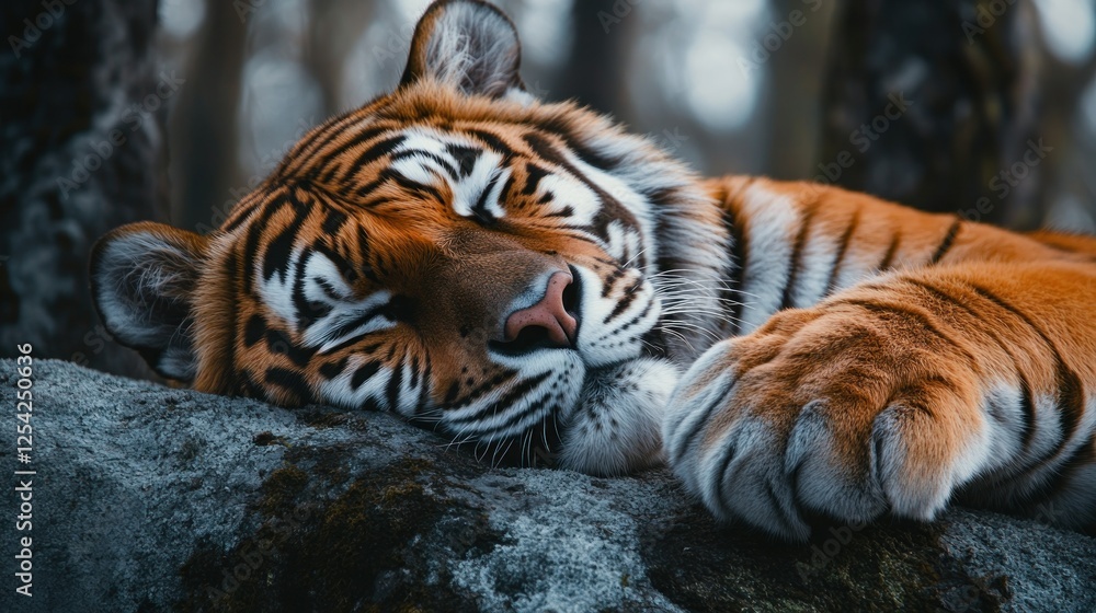 Obraz premium Sleeping tiger on a rock in forest