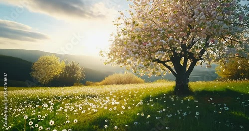 Wallpaper Mural A Blooming Plum Tree in a Meadow of Daisies in Spring Torontodigital.ca