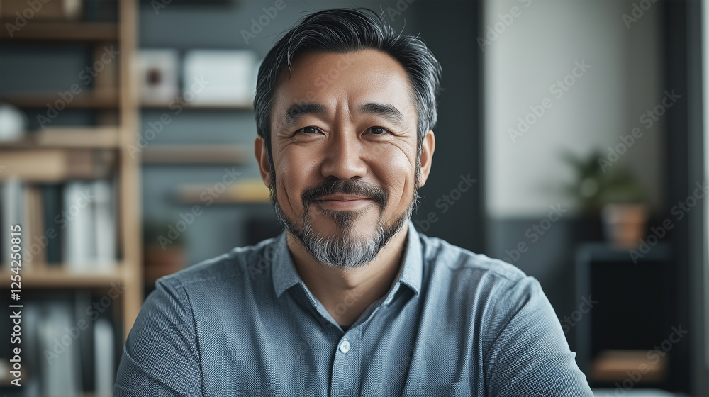 Obraz premium Confident Middle-Aged Asian Male Teacher Smiling in a Modern Classroom with Bookshelves and a Whiteboard, Creating a Positive and Supportive Learning Atmosphere for Students
