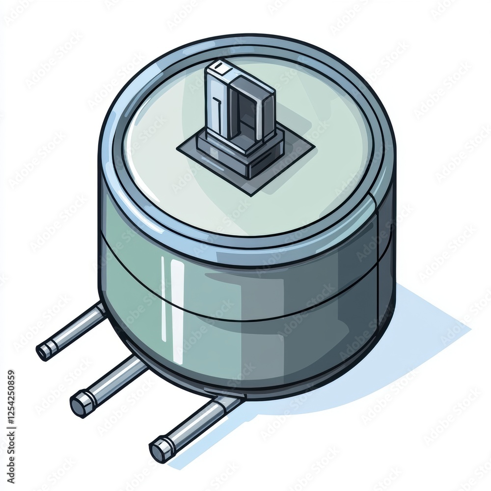Isometric illustration of a cylindrical sensor device with three connectors, showcasing its sleek design Isometric illustration of a cylindrical sensor device with three connectors, showcasing its sleek design