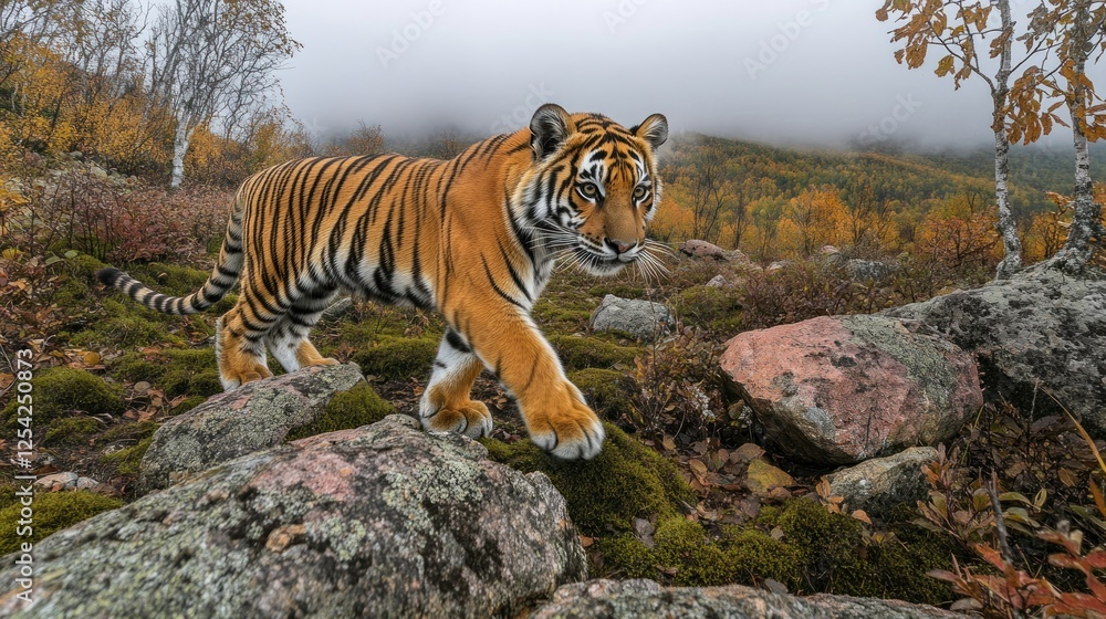 Obraz premium Siberian Tiger Walking Mountain Autumn