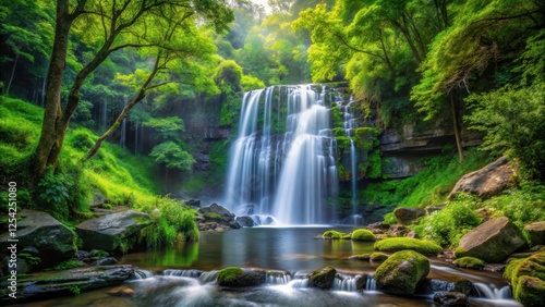 Serene forest ambiance with a stunning waterfall cascading down a rocky slope amidst lush greenery and vibrant foliage