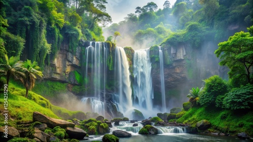 Powerful waterfall cascading down rocky cliffs amidst lush greenery and misty atmosphere, beauty, atmospheric,  beauty