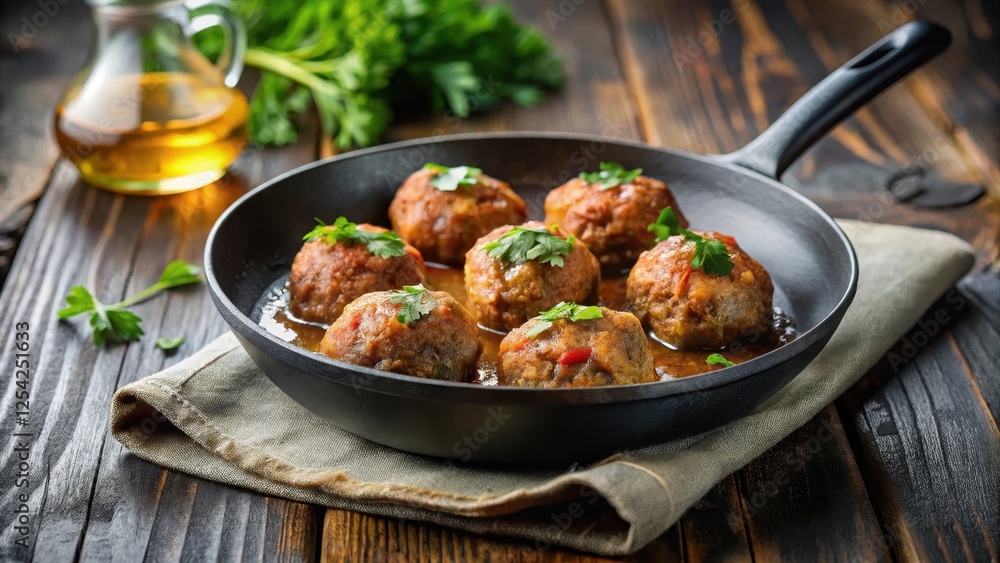 A juicy meatball sizzling in a pan on a stovetop, savory, cooking, savory A juicy meatball sizzling in a pan on a stovetop, savory, cooking, savory