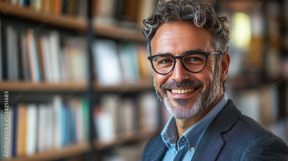 Experienced Caucasian Male Teacher with Glasses Smiling in a Cozy Library or Classroom, Surrounded by Bookshelves, Creating a Warm and Intellectual Learning Atmosphere Experienced Caucasian Male Teacher with Glasses Smiling in a Cozy Library or Classroom, Surrounded by Bookshelves, Creating a Warm and Intellectual Learning Atmosphere