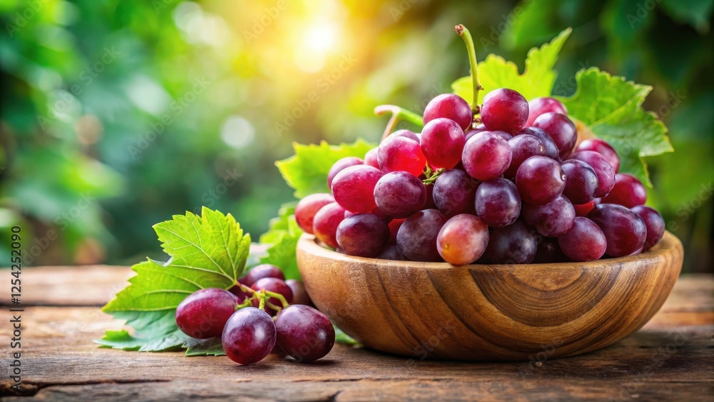 A cluster of fresh red grapes arranged artfully in a rustic wooden bowl, surrounded by lush greenery and soft natural light , Farm Fresh, Still Life A cluster of fresh red grapes arranged artfully in a rustic wooden bowl, surrounded by lush greenery and soft natural light , Farm Fresh, Still Life