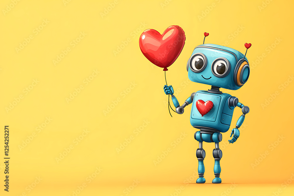 Cheerful robot holding a red heart-shaped balloon against a bright yellow background, symbolizing love Cheerful robot holding a red heart-shaped balloon against a bright yellow background, symbolizing love