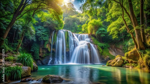 waterfall in dense forest, forest canopy, outdoor scenery,  forest canopy